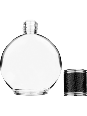 Round design 128 ml, 4.33oz  clear glass bottle  with reducer and black faux leather cap.