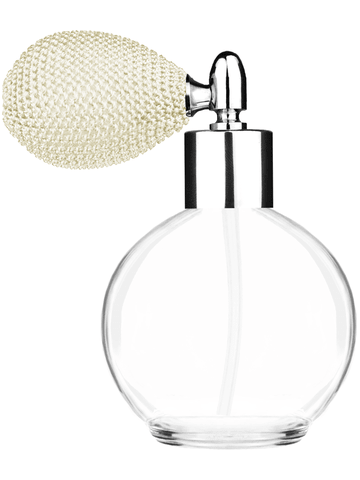 Round design 78 ml, 2.65oz  clear glass bottle  with ivory vintage style bulb sprayer with shiny silver collar cap.