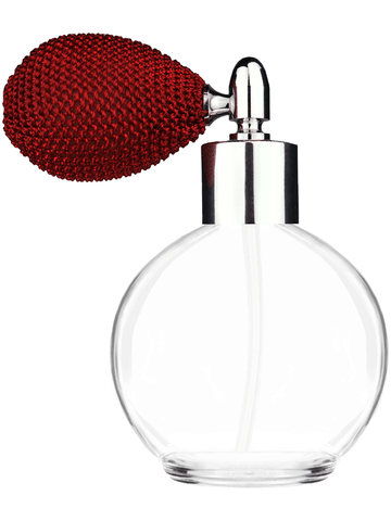 Round design 78 ml, 2.65oz  clear glass bottle  with red vintage style bulb sprayer with shiny silver collar cap.