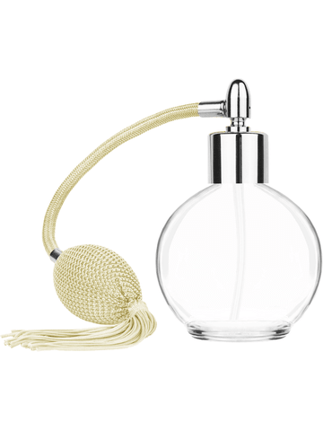Round design 78 ml, 2.65oz  clear glass bottle  with Ivory vintage style bulb sprayer with tassel and shiny silver collar cap.