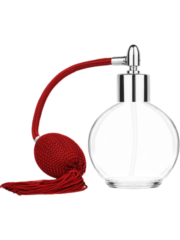 Round design 78 ml, 2.65oz  clear glass bottle  with Red vintage style bulb sprayer with tasseland shiny silver collar cap.