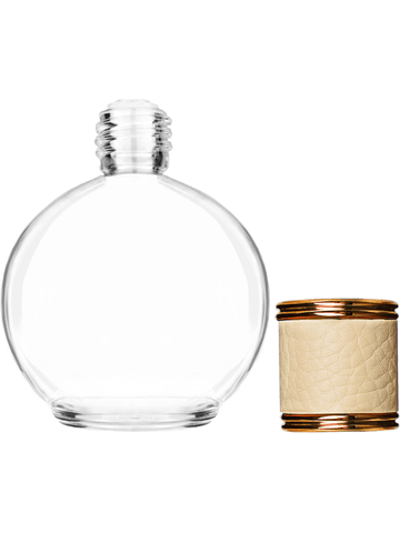 Round design 78 ml, 2.65oz  clear glass bottle  with reducer and ivory faux leather cap.