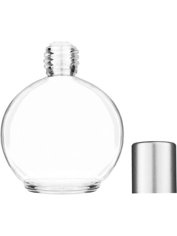 Round design 78 ml, 2.65oz  clear glass bottle  with reducer and tall silver matte cap.