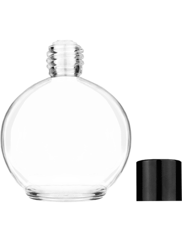 Round design 78 ml, 2.65oz  clear glass bottle  with reducer and black shiny cap.