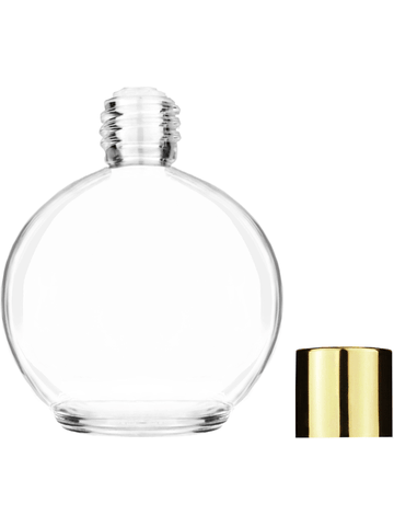 Round design 78 ml, 2.65oz  clear glass bottle  with reducer and shiny gold cap.