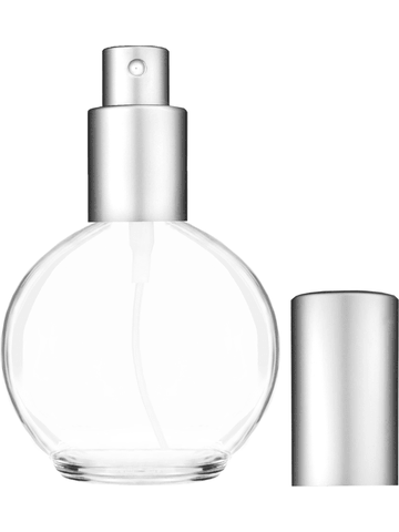 Round design 78 ml, 2.65oz  clear glass bottle  with matte silver spray pump.
