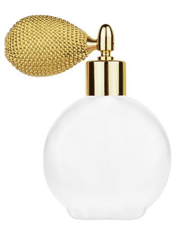 Round design 128 ml, 4.33oz frosted glass bottle with gold vintage style sprayer with shiny gold collar cap.