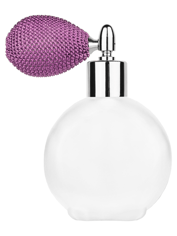 Round design 128 ml, 4.33oz frosted glass bottle with lavender vintage style bulb sprayer with shiny silver collar cap.