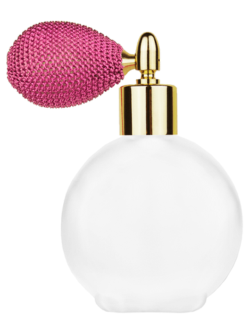 ***OUT OF STOCK***Round design 128 ml, 4.33oz frosted glass bottle with pink vintage style bulb sprayer with shiny gold collar cap.