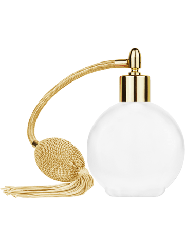 Round design 128 ml, 4.33oz frosted glass bottle with Gold vintage style bulb sprayer with tasseland shiny gold collar cap.