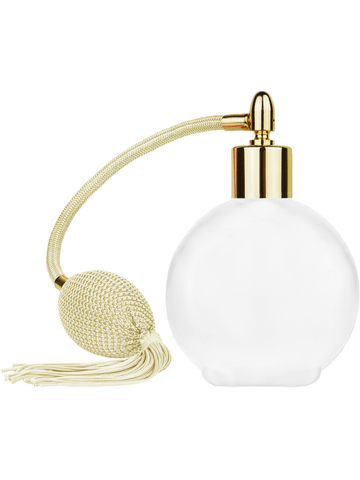Round design 128 ml, 4.33oz frosted glass bottle with Ivory vintage style bulb sprayer with tassel and shiny gold collar cap.