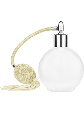 Round design 128 ml, 4.33oz frosted glass bottle with Ivory vintage style bulb sprayer with tassel and shiny silver collar cap.