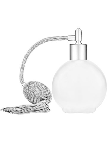 Round design 128 ml, 4.33oz frosted glass bottle with Silver vintage style bulb sprayer with tasseland matte silver collar cap.