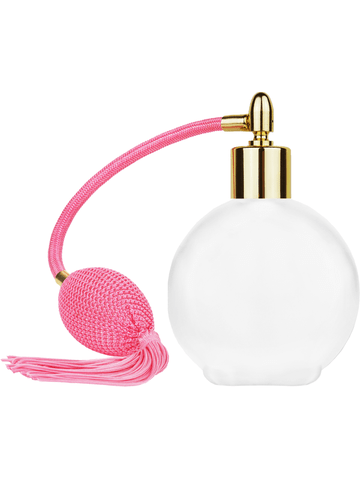 Round design 128 ml, 4.33oz frosted glass bottle with Pink vintage style bulb sprayer with tassel and shiny gold collar cap.