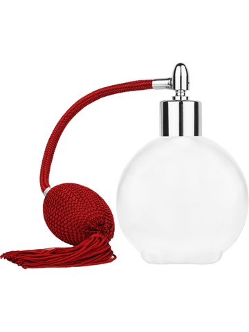 Round design 128 ml, 4.33oz frosted glass bottle with Red vintage style bulb sprayer with tasseland shiny silver collar cap.