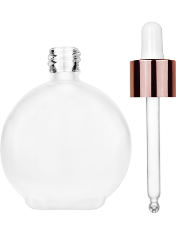 Round design 128 ml, 4.33oz frosted glass bottle with white dropper with shiny copper collar cap.