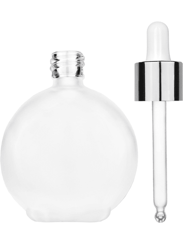 Round design 128 ml, 4.33oz frosted glass bottle with white dropper with shiny silver collar cap.