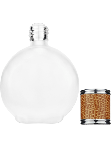 Round design 128 ml, 4.33oz frosted glass bottle with reducer and brown faux leather cap.