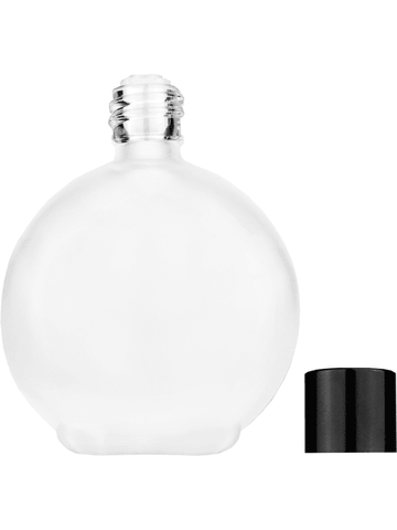 Round design 128 ml, 4.33oz frosted glass bottle with reducer and black shiny cap.