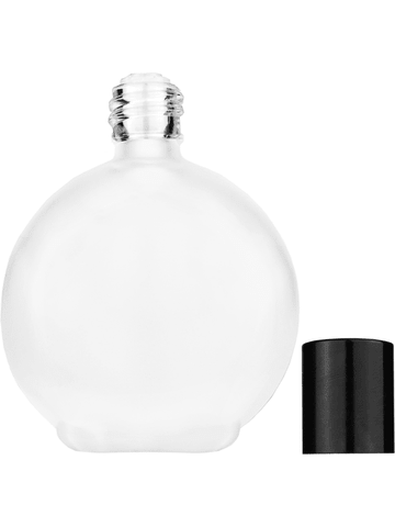 Round design 128 ml, 4.33oz frosted glass bottle with reducer and tall black shiny cap.
