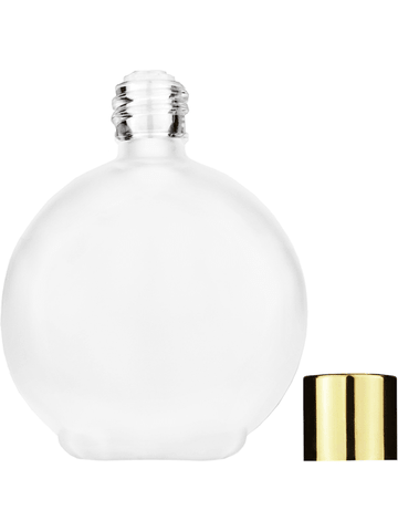 Round design 128 ml, 4.33oz frosted glass bottle with reducer and shiny gold cap.