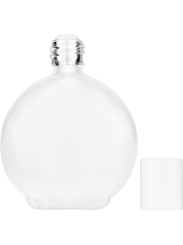 Round design 128 ml, 4.33oz frosted glass bottle with reducer and white cap.