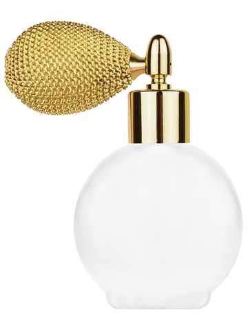 Round design 78 ml, 2.65oz frosted glass bottle with gold vintage style sprayer with shiny gold collar cap.