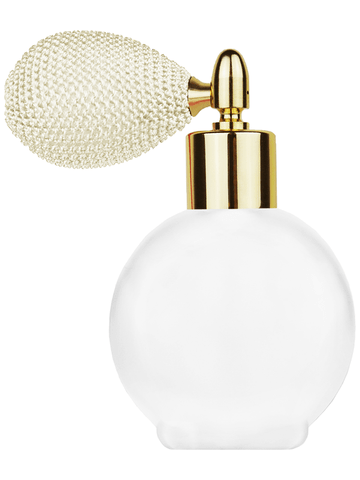 Round design 78 ml, 2.65oz frosted glass bottle with ivory vintage style bulb sprayer with shiny gold collar cap.