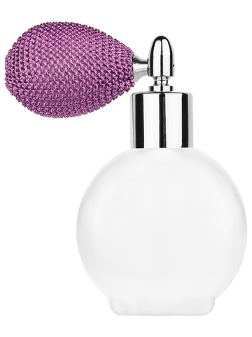 Round design 78 ml, 2.65oz frosted glass bottle with lavender vintage style bulb sprayer with shiny silver collar cap.