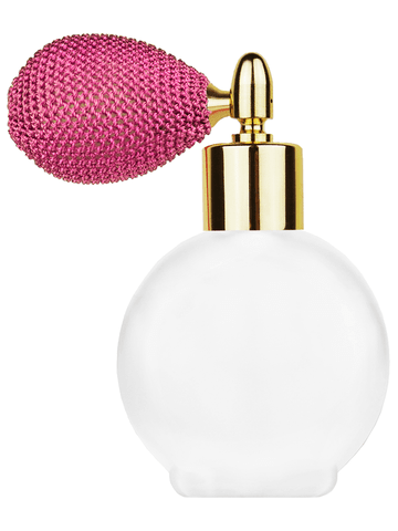 Round design 78 ml, 2.65oz frosted glass bottle with pink vintage style bulb sprayer with shiny gold collar cap.