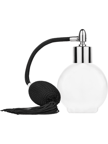 Round design 78 ml, 2.65oz frosted glass bottle with Black vintage style bulb sprayer with tasseland shiny silver collar cap.