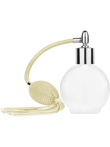 Round design 78 ml, 2.65oz frosted glass bottle with Ivory vintage style bulb sprayer with tassel and shiny silver collar cap.
