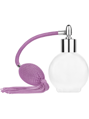 Round design 78 ml, 2.65oz frosted glass bottle with Lavender vintage style bulb sprayer with Tasseland shiny silver collar cap.