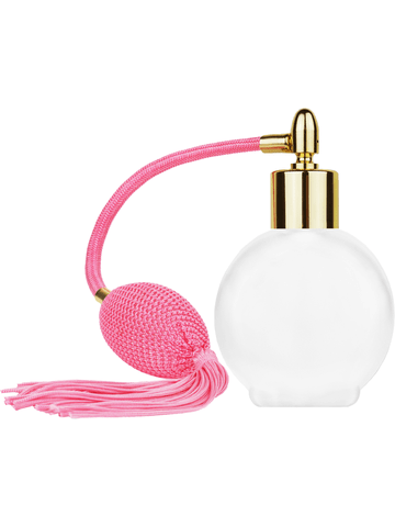 Round design 78 ml, 2.65oz frosted glass bottle with Pink vintage style bulb sprayer with tassel and shiny gold collar cap.