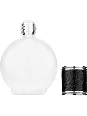 Round design 78 ml, 2.65oz frosted glass bottle with reducer and black faux leather cap.