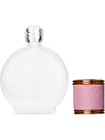 Round design 78 ml, 2.65oz frosted glass bottle with reducer and pink faux leather cap.
