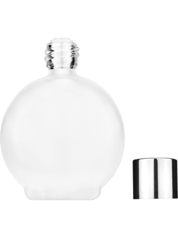 Round design 78 ml, 2.65oz frosted glass bottle with reducer and shiny silver cap.