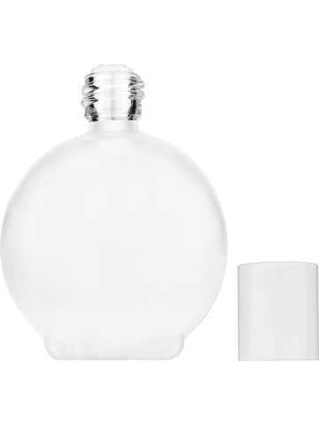 Round design 78 ml, 2.65oz frosted glass bottle with reducer and white cap.