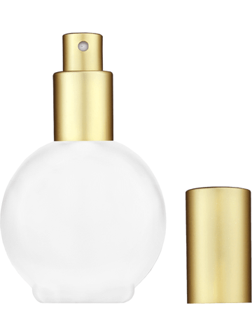 Round design 78 ml, 2.65oz frosted glass bottle with matte gold spray pump.