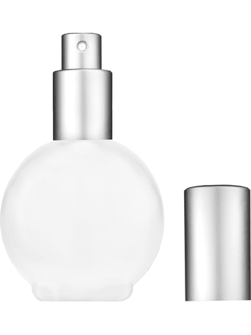 Round design 78 ml, 2.65oz frosted glass bottle with matte silver spray pump.