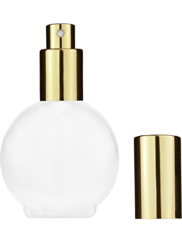 Round design 78 ml, 2.65oz frosted glass bottle with shiny gold spray pump.
