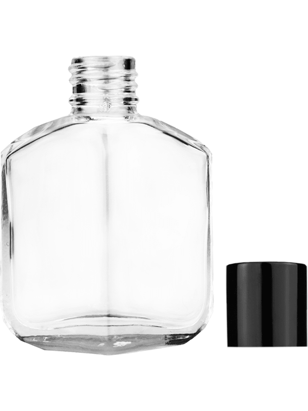 Empty Clear glass bottle with short shiny black cap capacity: 13ml, 1/2oz. For use with perfume or fragrance oil, essential oils, aromatic oils and aromatherapy.