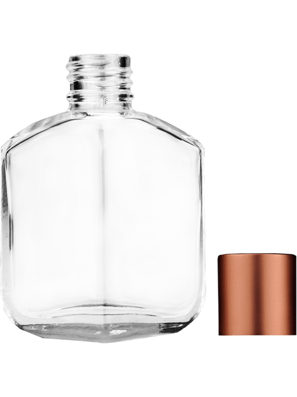 Empty Clear glass bottle with short matte copper cap capacity: 13ml, 1/2oz. For use with perfume or fragrance oil, essential oils, aromatic oils and aromatherapy.