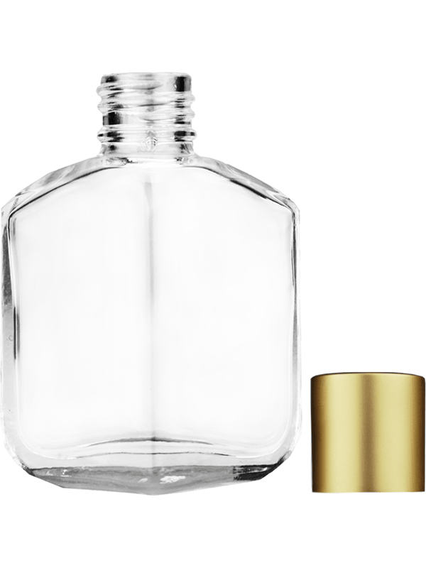 Empty Clear glass bottle with short matte gold cap capacity: 13ml, 1/2oz. For use with perfume or fragrance oil, essential oils, aromatic oils and aromatherapy.