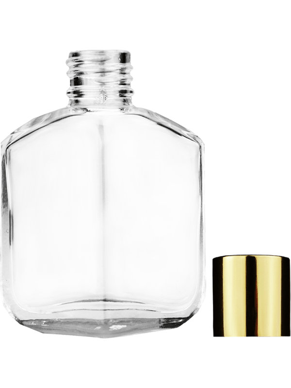 Empty Clear glass bottle with short shiny gold cap capacity: 13ml, 1/2oz. For use with perfume or fragrance oil, essential oils, aromatic oils and aromatherapy.