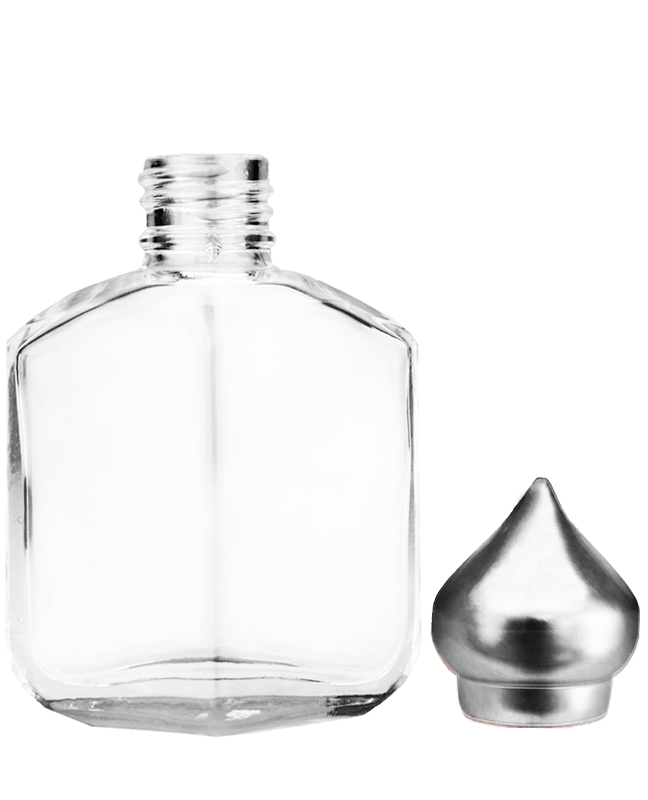 Empty Clear glass bottle with silver minaret dab on cap capacity 13ml.  For use with perfume or fragrance oil, essential oils, aromatic oils and aromatherapy.