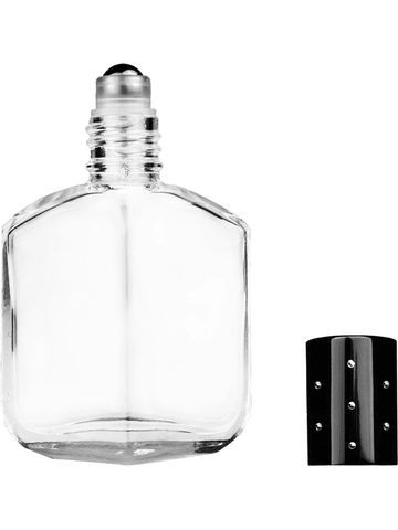 Royal design 13ml, 1/2oz Clear glass bottle with metal roller ball plug and black shiny cap with dots.