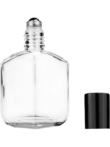 Royal design 13ml, 1/2oz Clear glass bottle with metal roller ball plug and black shiny cap.