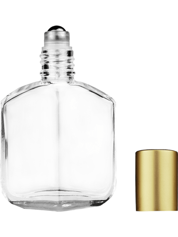 Royal design 13ml, 1/2oz Clear glass bottle with metal roller ball plug and matte gold cap.