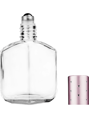 Royal design 13ml, 1/2oz Clear glass bottle with metal roller ball plug and pink cap with dots.